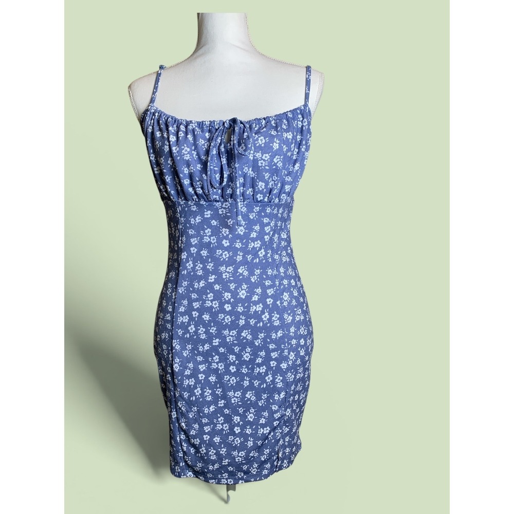 Streetwear Society‎ Blue Floral Ruched Tie Front Mini Dress Spring Coquette M